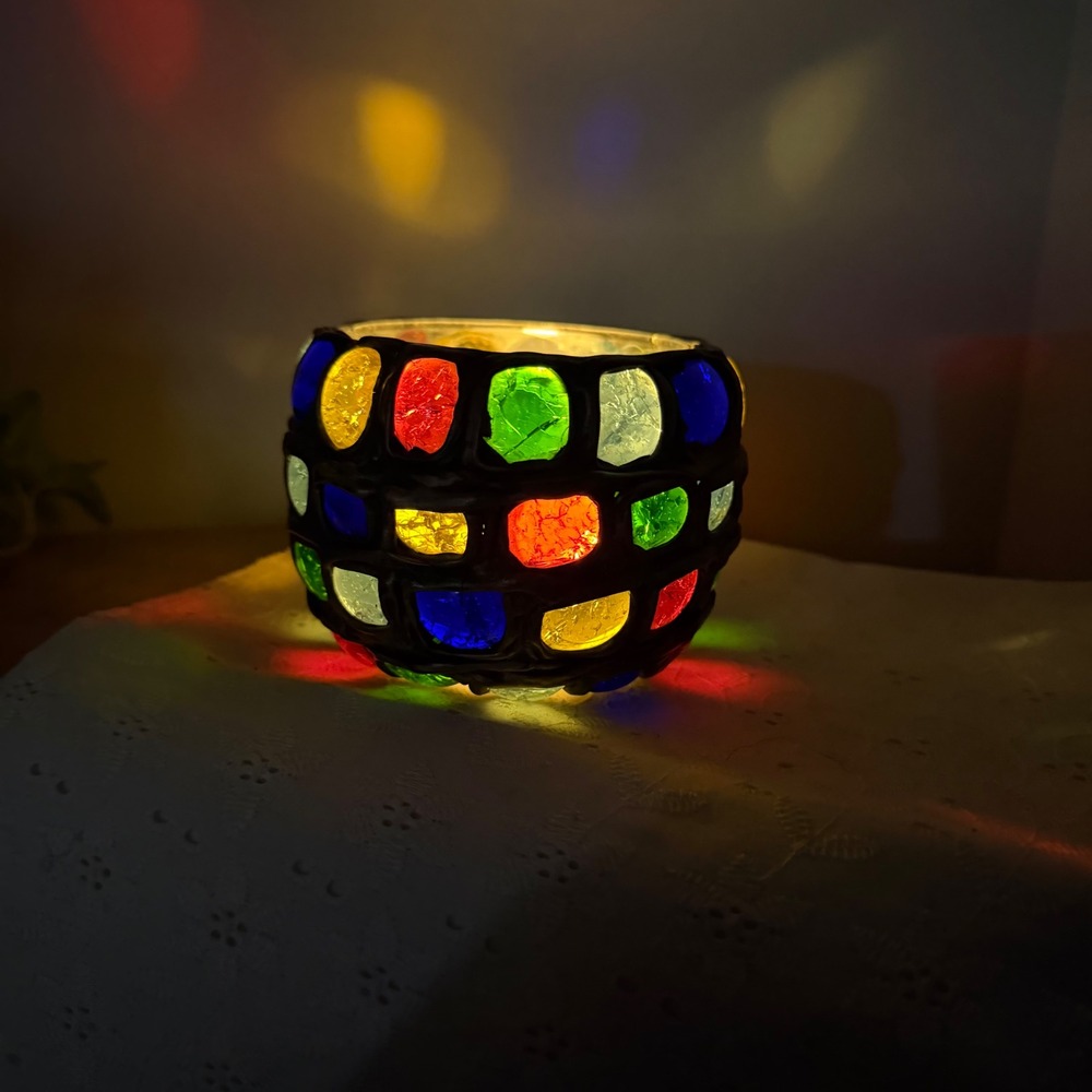 Vintage Chunk Glass Brutalist Mosaic Glass Jewel Tone Votive Candle Holder